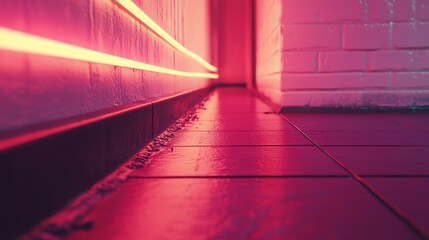 Pink Neon Lights Illuminate Brick Wall and Floor