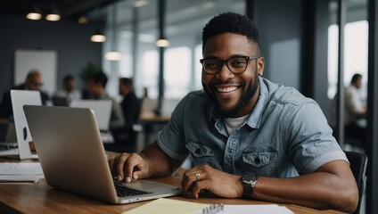 A smiling black man typing on a laptop in a modern office, working as a copywriter on a web project