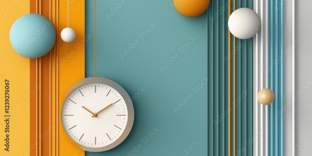 Poster colorful modern timepiece against geometric background with circular shapes and vertical lines in vi