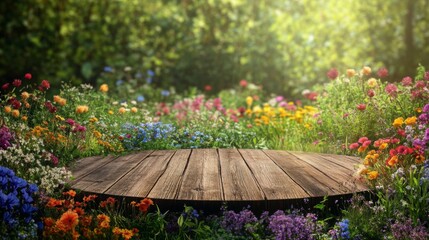 Naklejka premium In a lush spring environment, a wooden podium stands amidst a colorful array of blooming flowers. Sunlight filters through the trees, enhancing the enchanting atmosphere of the garden.