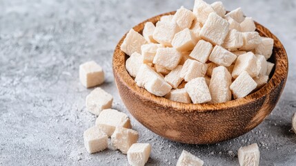 Cubed freeze-dried chicken in bowl, kitchen counter