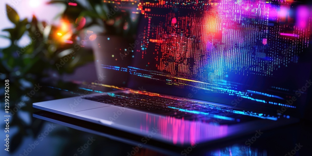 Leinwandbilder Vibrant Abstract Digital Background with Colorful Data Visualization on Laptop Screen Surrounded by Green Foliage and Soft Glowing Lights