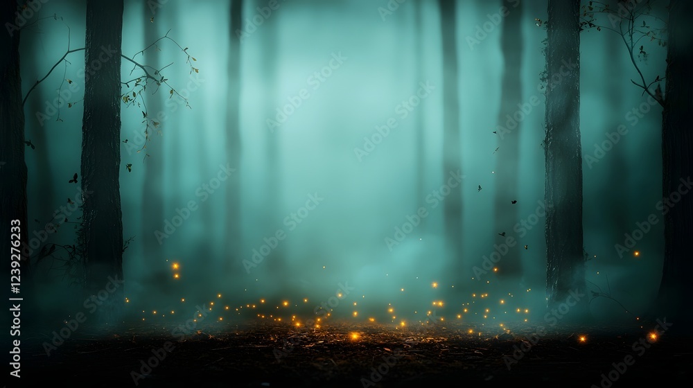 Poster enchanted glowing fireflies in mysterious fantasy forest with autumn mist a captivating and ethereal