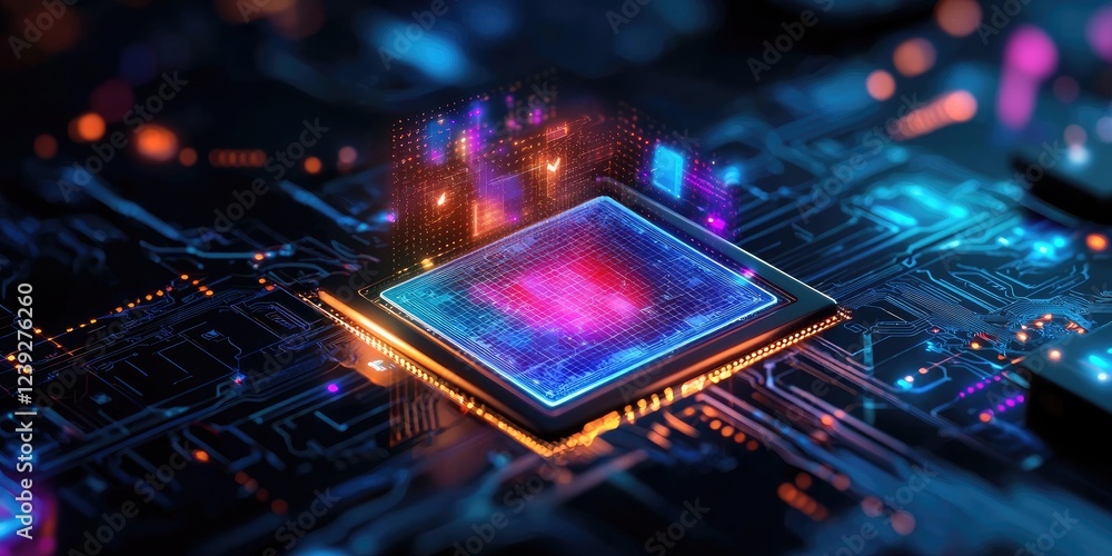 Poster Futuristic Microprocessor with Glowing Circuitry on Dark Background, Concept of Advanced Technology and Digital Processing Systems