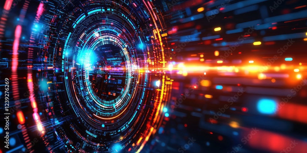 Poster Abstract futuristic digital background with glowing circular patterns, vibrant colors, and data flow in motion for technology, innovation, and design themes