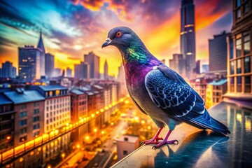 Urban Pigeon Double Exposure: Cityscape & Bird on Ledge