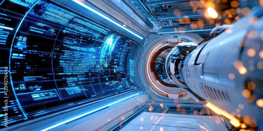 Poster Futuristic sci-fi corridor with advanced technology, glowing displays, and intricate machinery creating a captivating space exploration environment