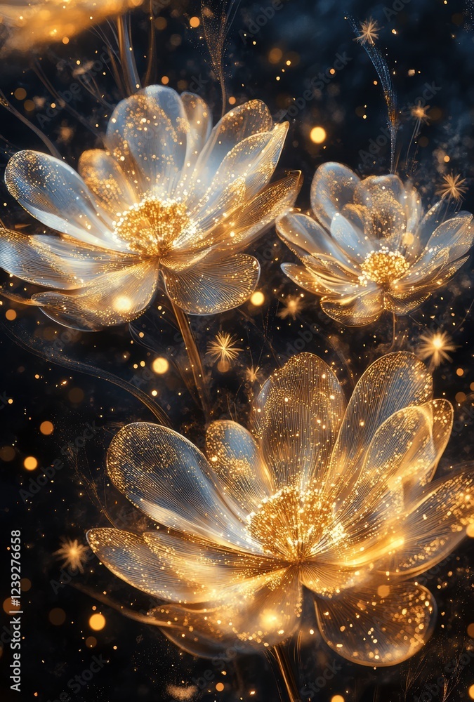 Poster sparkling ethereal flowers illuminated by soft golden light, showcasing delicate petals and a dreamy