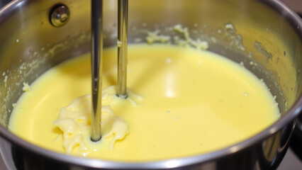 Yellow liquid being stirred in a pot.