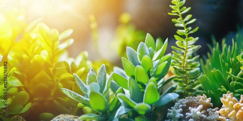 Poster vibrant green succulent arrangement with natural sunlight filtering through leaves and creating a se