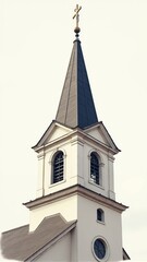 Fototapeta premium Historic church tower reaching towards a bright sky in a serene urban setting