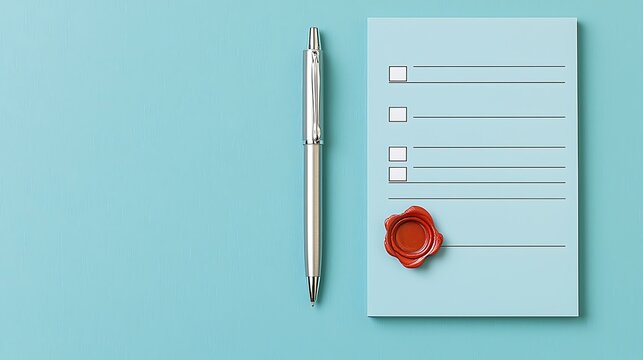 An official contract laid out neatly with a silver ink pen and a vibrant red wax seal on its side, symbolizing legal formality and authenticity