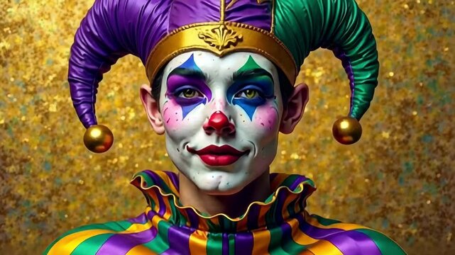 Mardi gras background with A clown with purple and green paint on his face and a gold hat. He is smiling and looking at the camera