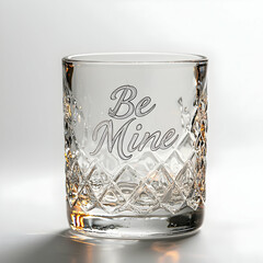 A glass tumbler with "Be Mine" etched in cursive against pure white background.