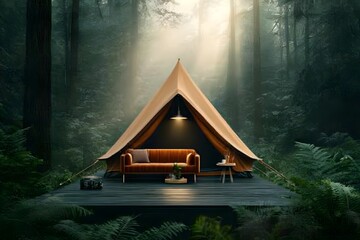 Enchanting glamping tent nestled within a lush verdant forest featuring lavish velvet upholstery vintage inspired decor and gentle sun rays streaming through the entrance