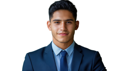 Confident businessman smiling on transparent background: bust portrait of young professional in suit and tie