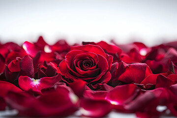 A cascade of red rose petals gently falling against pure white background.