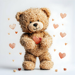 A cute Valentine card with a teddy bear and love hearts against pure white background.