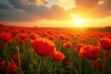 Golden sunrise illuminates a sea of swaying poppies , carpet, countryside, petals