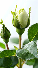 A blooming rosebud with soft green leaves against pure white background.