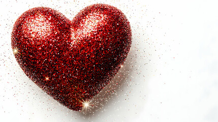 A glittery red heart with sparkles floating in the air against pure white background.