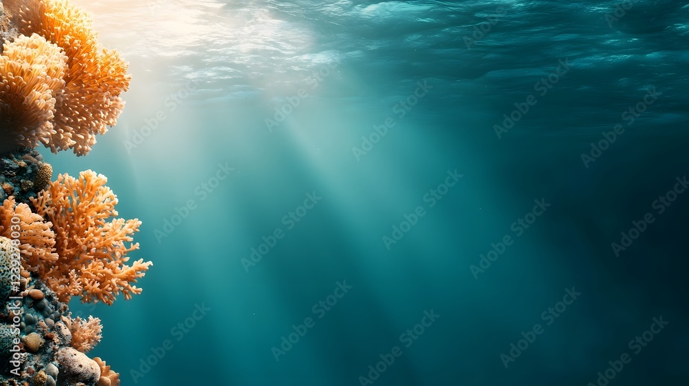 Poster enchanting underwater fantasy scene featuring a vibrant array of glowing corals and mesmerizing mari