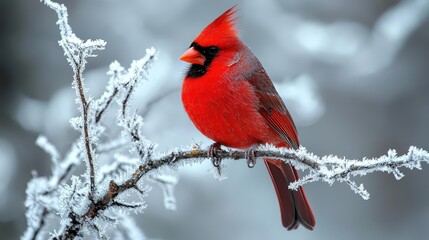 A vibrant red cardinal perched on a frosty branch, showcasing its striking color against a soft, wintry backdrop.