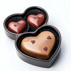 A cute heart-shaped chocolate box with an open lid against pure white background.