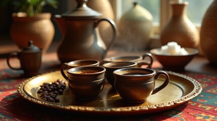 Fototapeta premium Traditional Ethiopian coffee setup with ceramic cups and aromatic brew