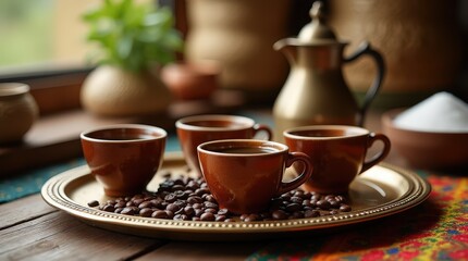 Fototapeta premium Traditional Ethiopian coffee setup with aromatic cups and rich flavors