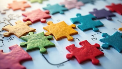 Interlocking puzzle pieces forming a flowchart, progress, six, instruction