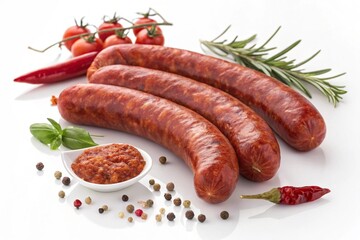 fresh Merguez sausages, showcasing their rich, reddish color and perfectly textured casing. The sausages have a slight sheen