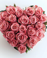 A bouquet of pink roses arranged in a heart-shaped formation against pure white background.