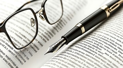 A close-up of an open book showing legal text, with reading glasses perched on one side and a sleek fountain pen placed in the center crease