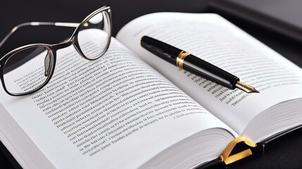 Fototapeta premium A close-up of an open book showing legal text, with reading glasses perched on one side and a sleek fountain pen placed in the center crease