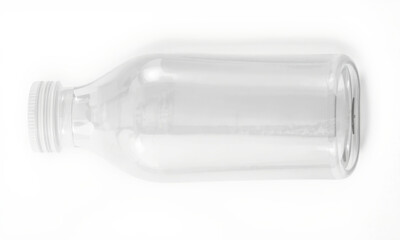 Clear plastic bottle mockup on white background, ideal for branding and design projects. transparent design allows for easy customization and visualization