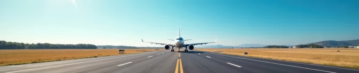 Fototapeta premium Long runway with aircraft taxiing, clear blue sky , texture, airfield, aerodrome