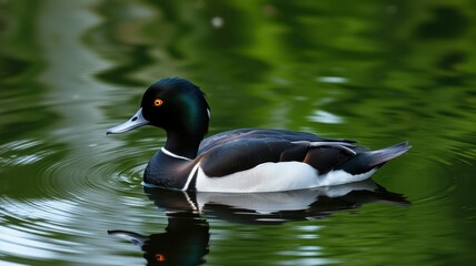Fototapeta premium Black and white duck swimming calmly in a tranquil green pond during daylight hours
