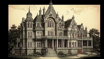 Fototapeta premium A detailed engraving of a Victorian mansion with ornate balconies, towering spires and arched windows. Its Gothic architecture exudes mystery, elegance and nostalgia. AI generated.