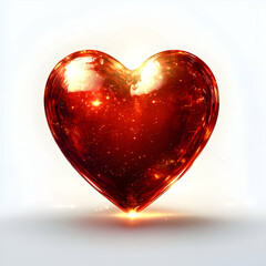 A bright red heart with a soft glowing light around it against pure white background.