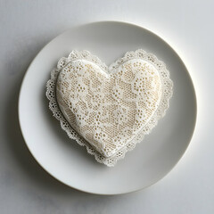 A delicate lace heart-shaped napkin placed on a plate against pure white background.