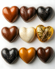 A collection of assorted chocolate hearts wrapped in golden foil against pure white background.