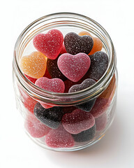 A glass jar filled with love heart-shaped candies against pure white background.