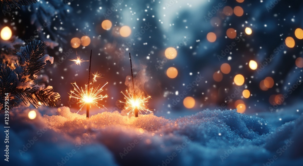 Poster sparkling sparklers in snowy winter night with soft bokeh background and falling snowflakes, creatin