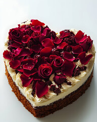 A heart-shaped cake decorated with red rose petals on top against pure white background.