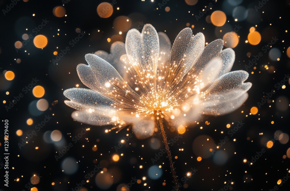 Poster sparkling white flower in dark background with glowing dust particles creating magical atmosphere fo