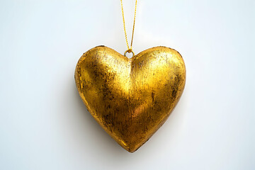 A golden heart-shaped ornament hanging on a thin string against pure white background.