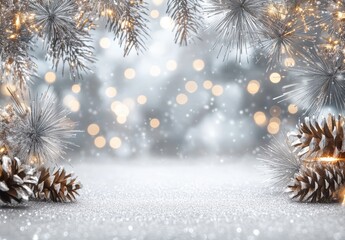 Obraz premium Sparkling Winter Wonderland with Frosty Pine Cones and Shimmering Lights in a Snowy Background for Holiday Celebrations and Seasonal Decor