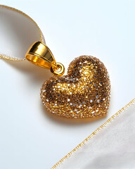 A glittering gold heart-shaped pendant on a satin ribbon against pure white background.