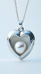 A delicate heart-shaped locket with a pearl inside against pure white background.